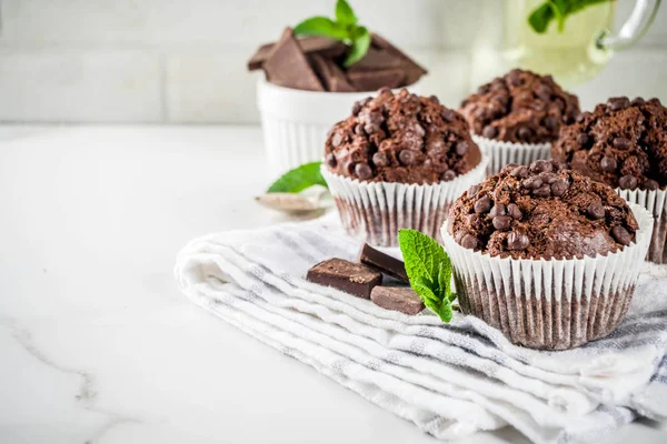 Muffins Faits Maison Menthe Chocolat Avec Thé Menthe Espace Copie — Photo