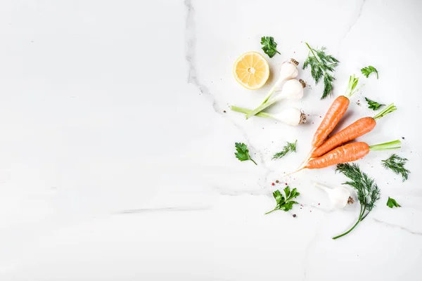 Fondo Cocina Con Verduras Frescas Para Una Cena Saludable Zanahorias — Foto de Stock