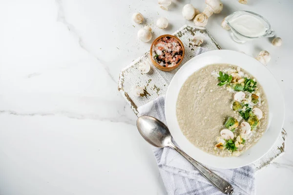 Mushroom Champignon Cream Soup Bowl Parsley White Marble Background Copy — Stock Photo, Image