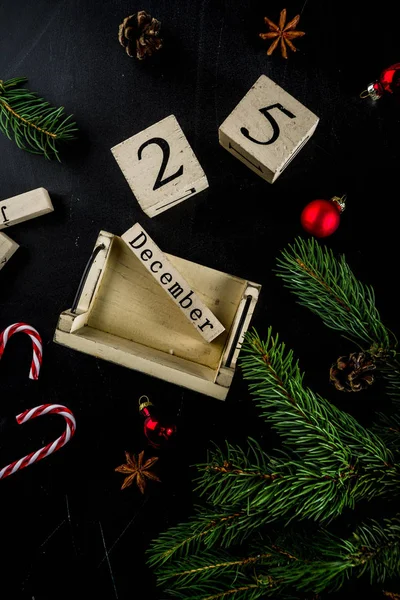 Conceito Natal Com Decorações Ramos Abeto Com Calendário Dezembro Quadro — Fotografia de Stock