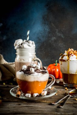 Sonbahar kış sıcak içecekler, sıcak çikolata, Sütlü Balkabağı, karamel ve fıstık kahve latte, mulled şarap, rahat koyu arka plan kopya alanı