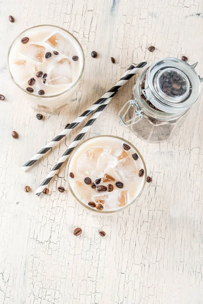 Summer Cold Iced Coffee Frappe Milk Ice Cubes Light Concrete — Stock Photo, Image