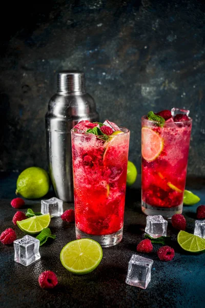 Cocktail Boissons Glacées Été Limonade Framboise Citron Vert Menthe Fraîche — Photo