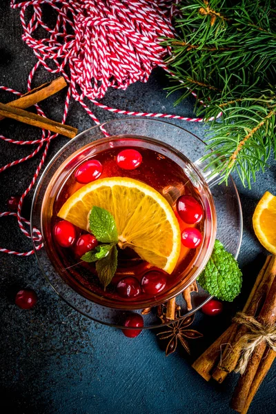 Autumn Winter Hot Drink Cranberry Spicy Tea Orange Cinnamon Anise — Stock Photo, Image