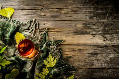 Sonbahar Tema arka plan, eski ahşap vintage Danışma Kurulları, ekose ve sonbahar sarı yaprakları ile.