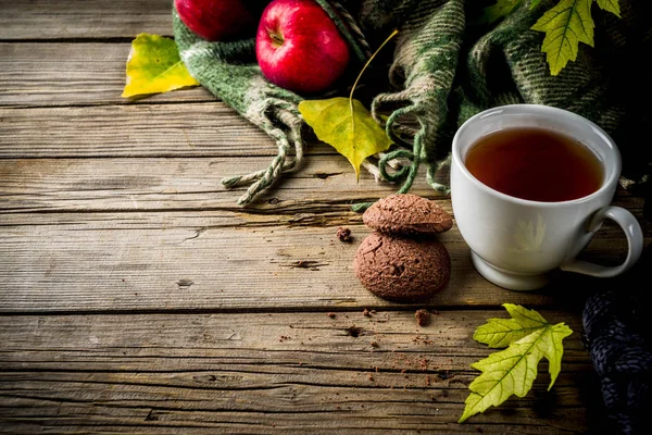 Herbst Thema Hintergrund Alte Hölzerne Vintage Dielen Mit Karo Pullover — Stockfoto