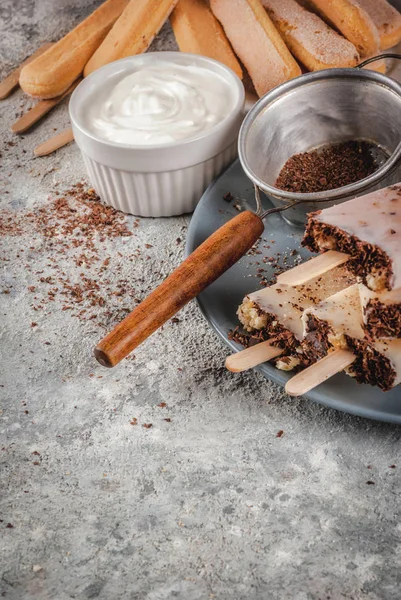 Tiramisu Popsicles Fagylalt Fagylalt Bukkan Olasz Savoiardi Süti Mascarpone Tejcsokoládé — Stock Fotó