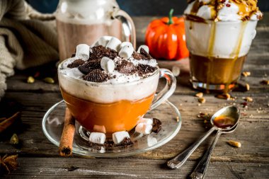 Sonbahar kış sıcak içecekler, sıcak çikolata, Sütlü Balkabağı, karamel ve fıstık kahve latte, mulled şarap, rahat koyu arka plan kopya alanı