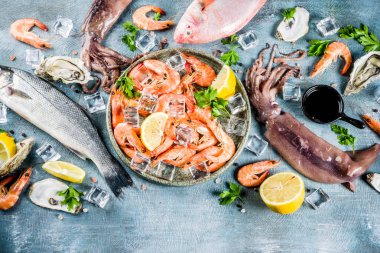 İstiridye midye balık ile baharat otlar limon bir açık mavi renkli kopya alanı üzerinde taze çiğ deniz mahsulleri kalamar karides