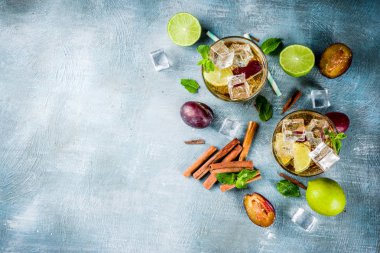 Yaz ferahlık içecek buzlu. Tarçın ve Erik limonata kokteyl ile taze limon ve nane, mavi arka plan boşluk kopyalama