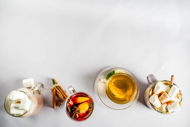 Varyasyonları kış sonbahar geleneksel içecekler - Sütlü Balkabağı, sıcak çikolata, çay limon, mulled şarap, kopya alanı