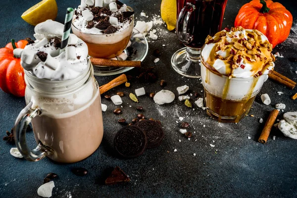 Őszi Téli Meleg Italok Forró Csokoládé Tök Latte Karamell Mogyoró — Stock Fotó