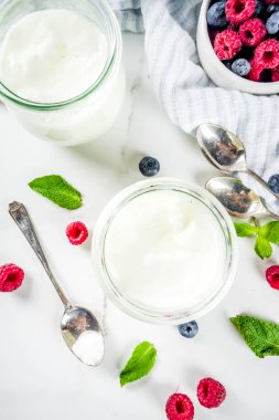 İki cam kavanoz taze ev yapımı organik yoğurt ile dekore edilmiş taze meyveleri ve nane, beyaz mermer arka plan kopya alanı