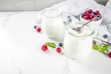 İki cam kavanoz taze ev yapımı organik yoğurt ile dekore edilmiş taze meyveleri ve nane, beyaz mermer arka plan kopya alanı