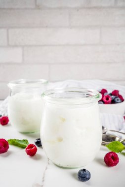 İki cam kavanoz taze ev yapımı organik yoğurt ile dekore edilmiş taze meyveleri ve nane, beyaz mermer arka plan kopya alanı