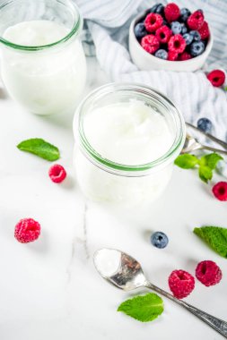 İki cam kavanoz taze ev yapımı organik yoğurt ile dekore edilmiş taze meyveleri ve nane, beyaz mermer arka plan kopya alanı