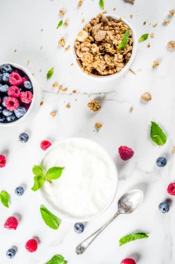 Sağlıklı snack veya kahvaltı fikir, ev yapımı organik Yunan yoğurt granola, ahududu, nane, yaban mersini beyaz mermer tablo görünümü top. 