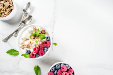 Sağlıklı snack veya kahvaltı fikir, ev yapımı organik Yunan yoğurt granola, ahududu, nane, yaban mersini beyaz mermer tablo görünümü top. 