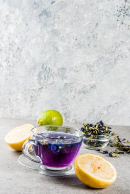 Sağlıklı içecekler, organik mavi kelebek bezelye çiçeği çayı limes ve limon, gri beton arka plan kopya alanı üstten görünüm