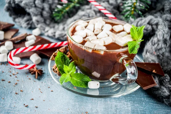 Domácí Horká Čokoláda Mátou Cukrové Třtiny Marshmallow Světle Modré Pozadí — Stock fotografie