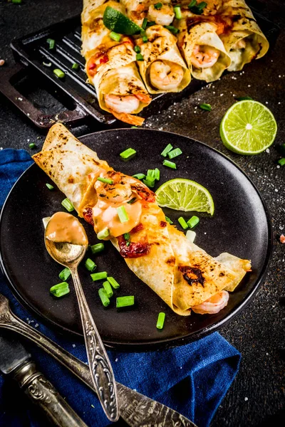 Mexican latin american food, Baked Roasted Shrimp Enchiladas with Jalapeno and Lime Cream Sauce