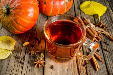 Baharatlı balkabağı çay, pumpkins, tarçın ve eski rustik ahşap arka plan üzerinde baharatlar ile Sonbahar sıcak içecek cam fincan alanı Kopyala