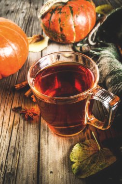 Baharatlı balkabağı çay, pumpkins, tarçın ve eski rustik ahşap arka plan üzerinde baharatlar ile Sonbahar sıcak içecek cam fincan alanı Kopyala