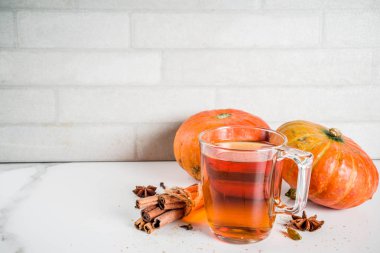 Baharatlı balkabağı çay, pumpkins, tarçın ve beyaz mermer zemin üzerine baharat ile Sonbahar sıcak içecek cam fincan alanı Kopyala