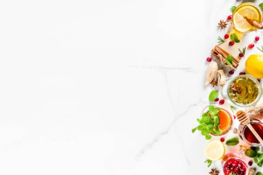 Çeşitli sonbahar kış bitki meyve ve meyve çayı, kızılcık, biberiye, nane limon ile. kireç. çiçek, tıbbi otlar ve baharatlar. üstten görünüm kopya alanı