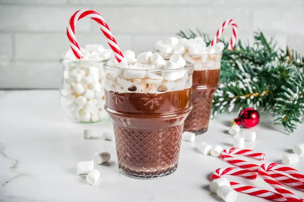 Peppermint Hot Chocolate Marshmallow Candy Cane Sweets Glass Cups Christmas — Stock Photo, Image