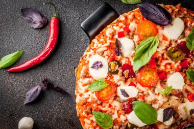 Koyu arka plan üstten görünüm kopya alanı üzerinde çeşitli malzemelerle ızgara gemide İtalyan pizza