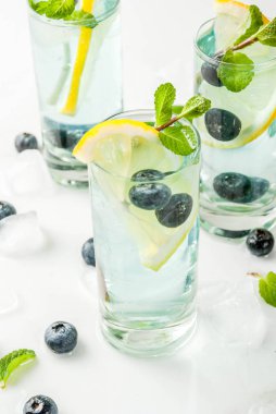 Yaz ferahlık içecekler, Blueberry limonata veya mojito limon, taze yaban mersini ve nane, beyaz mermer zemin kopya alanı ile kokteyl