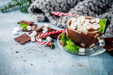 Nane, şeker kamışı ve hatmi, sıcak battaniye, kopya alanı ile açık mavi renkli ev yapımı sıcak çikolata