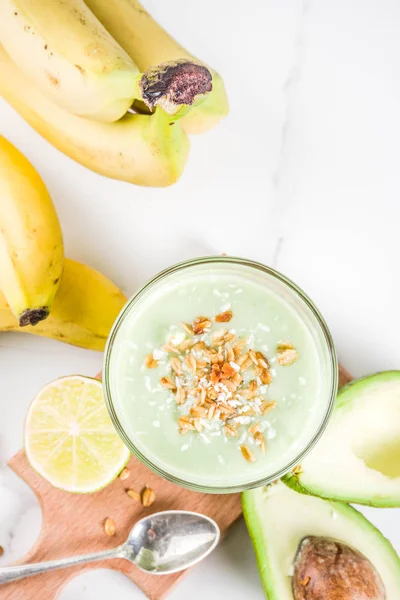 Healthy Summer Drink Avocado Banana Smoothie Lime Granola Coconut Milk — Stock Photo, Image