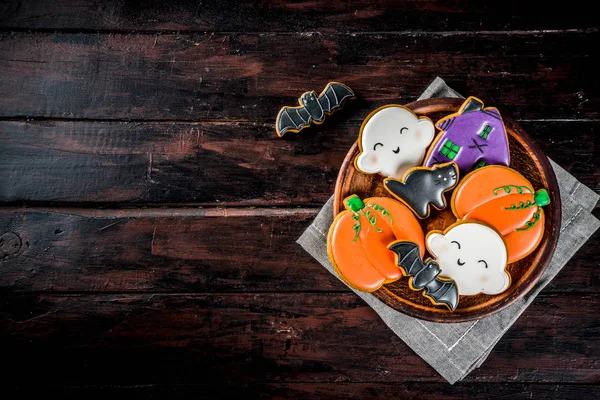 Traditional Halloween Baked Pastry Funny Cookies Children Treat Ghost Pumpkins — Stock Photo, Image