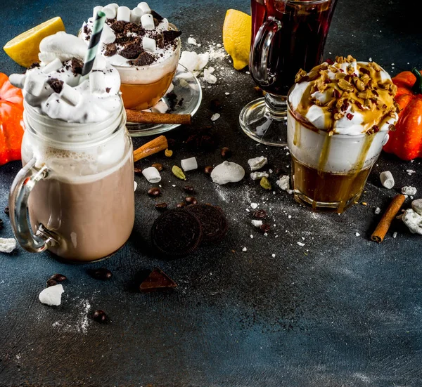 Podzimní Zimní Teplé Nápoje Horkou Čokoládu Dýňové Latte Karamel Arašídové — Stock fotografie