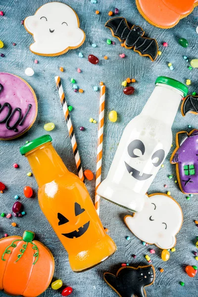 Kids Treats Halloween Funny Homemade Glazed Cookies Various Candies Milk — Stock Photo, Image