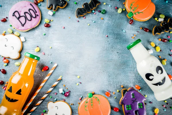 Kids Treats Halloween Funny Homemade Glazed Cookies Various Candies Milk — Stock Photo, Image