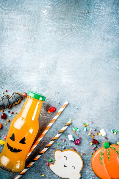 Kids Treats Halloween Funny Homemade Glazed Cookies Various Candies Milk — Stock Photo, Image