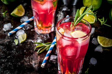 Ferahlık alkollü kırmızı yaban mersini ve kireç biberiye ve buz, iki cam, koyu renk arka plan ile kokteyl alanı Kopyala