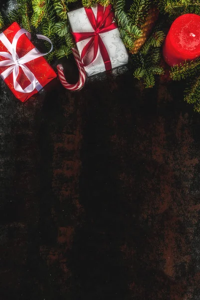 Χριστουγεννιάτικο Φόντο Χριστούγεννα Παρουσιάζουν Κουτί Δώρα Και Διακόσμηση Fir Tree — Φωτογραφία Αρχείου