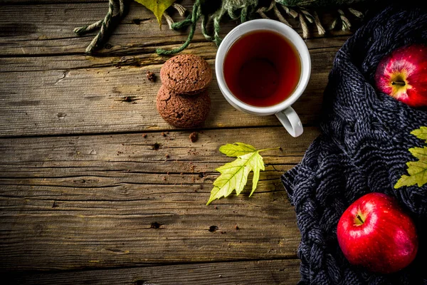 Herbst Thema Hintergrund Alte Hölzerne Vintage Dielen Mit Karo Pullover — Stockfoto