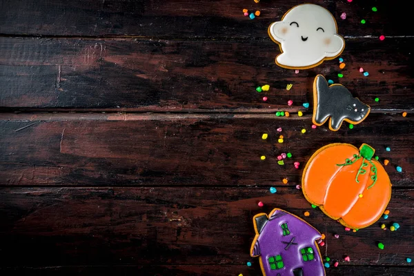 Traditionelles Halloween Gebäck Lustige Plätzchen Für Kinder Gespenst Kürbisse Schwarze — Stockfoto