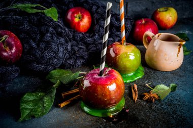 Geleneksel sonbahar incelik, karamelli elma sır. Karanlık bir arka plan üzerinde elma, yaprak, karamel sos ve sıcak bir battaniye ile. Metin için yer kopyalayın