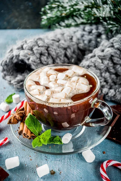 Homemade hot chocolate with mint, candy cane and marshmallow, light blue background with warm blanket, copy space