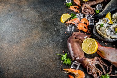 İstiridye midye balık ile baharat otlar limon koyu paslı arka plan kopya alanı üstten görünüm üzerinde taze çiğ deniz mahsulleri kalamar karides