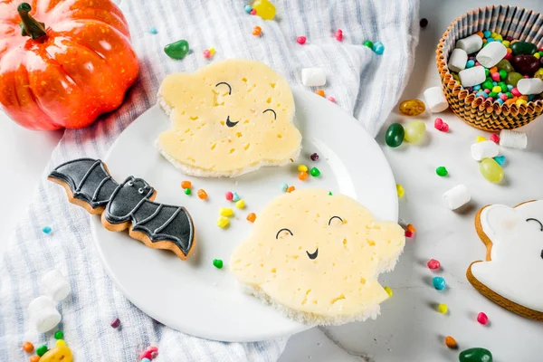 Kids Breakfast Snack Idea Funny Ghost Sandwiches Halloween Cheese Edible — Stock Photo, Image