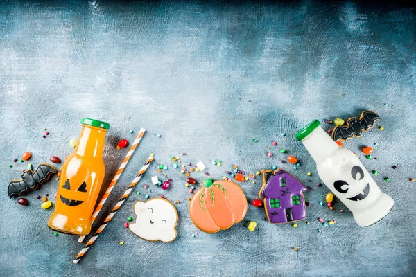 Kids Treats Halloween Funny Homemade Glazed Cookies Various Candies Milk — Stock Photo, Image