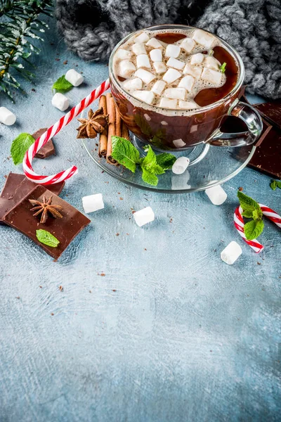 Domácí Horká Čokoláda Mátou Cukrové Třtiny Marshmallow Světle Modré Pozadí — Stock fotografie