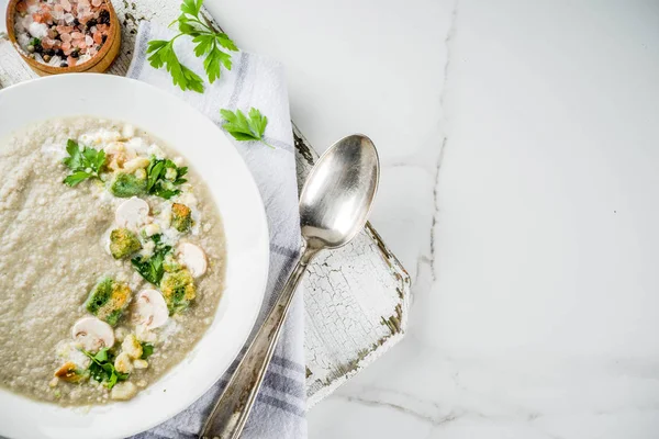 Mushroom Champignon Cream Soup Bowl Parsley White Marble Background Copy — Stock Photo, Image